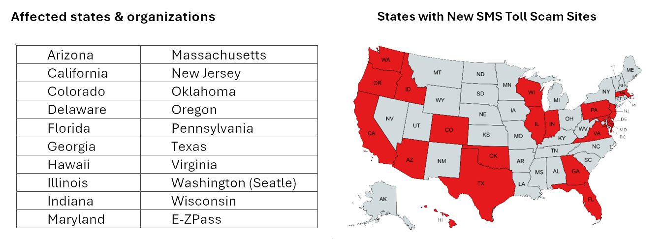 List of Affected States with Corresponding Map, outlining those states in Red