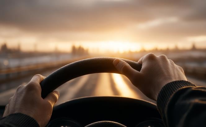 Hands on Wheel with view of a road at sunset