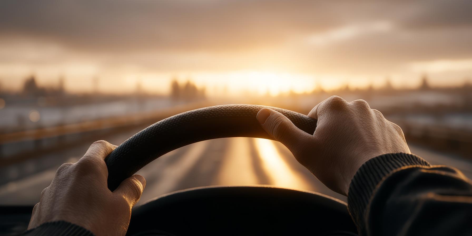hands on steering wheel driving on road at dusk
