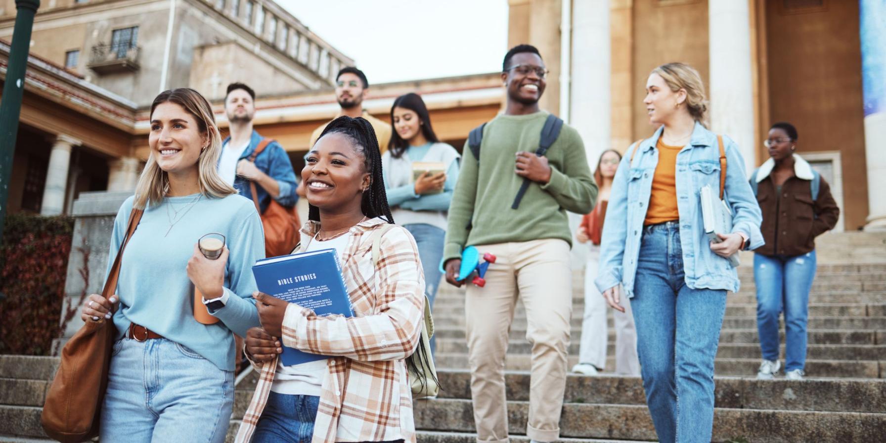 Students walking together down a stairway