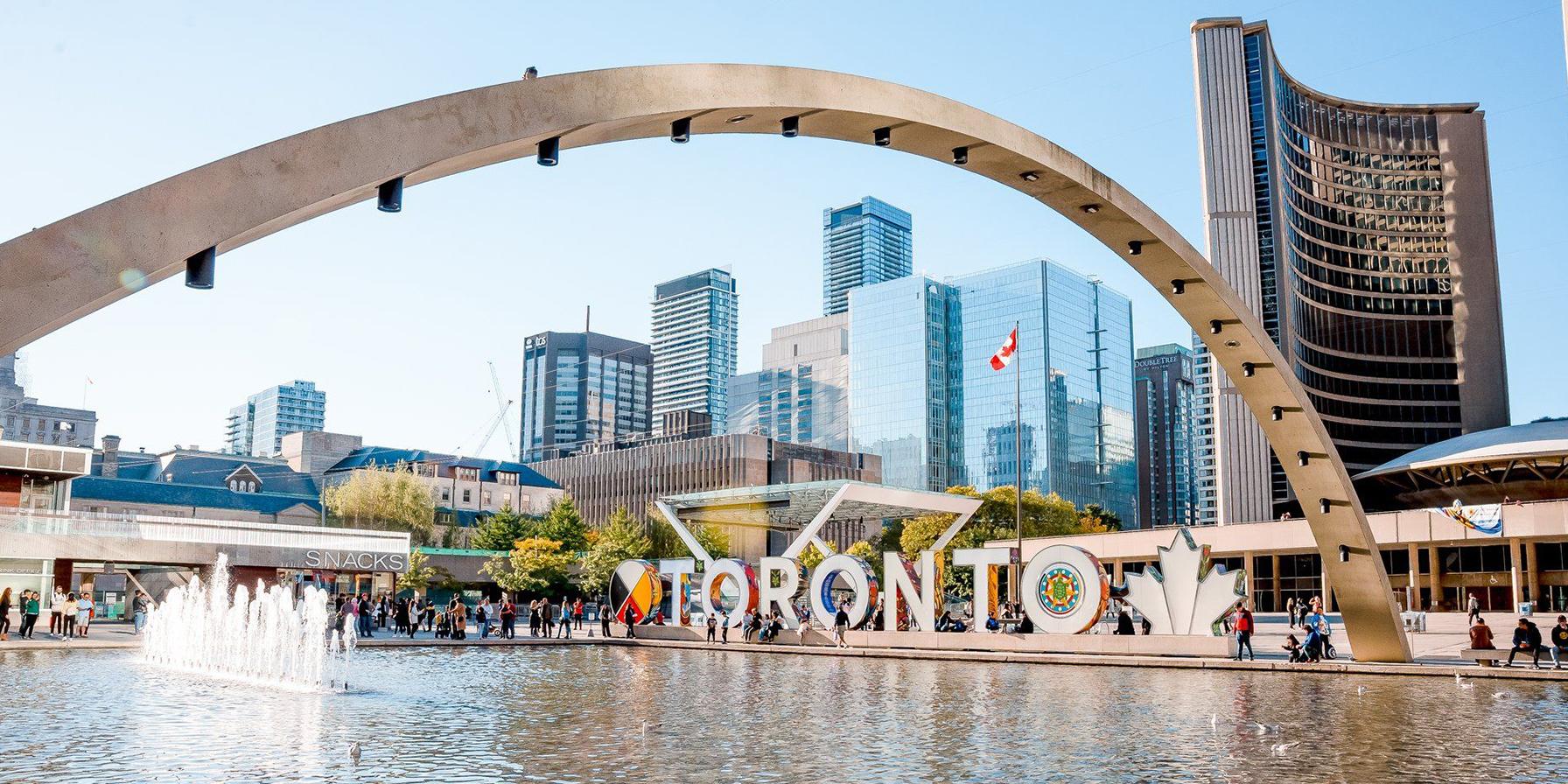 An illuminated three-dimensional Toronto sign in Nathan Phillips Square,  in Toronto, Ontario, Canada
