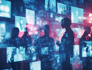 Mixed media of group of multinational people and digital technology concept. 
