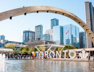 An illuminated three-dimensional Toronto sign in Nathan Phillips Square,  in Toronto, Ontario, Canada