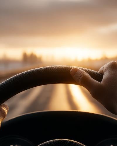 hands on wheel in car looking at road at dusk